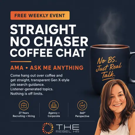 Straight No Chaser Coffee Chat poster with a mug reading “No BS. Just real talk.”